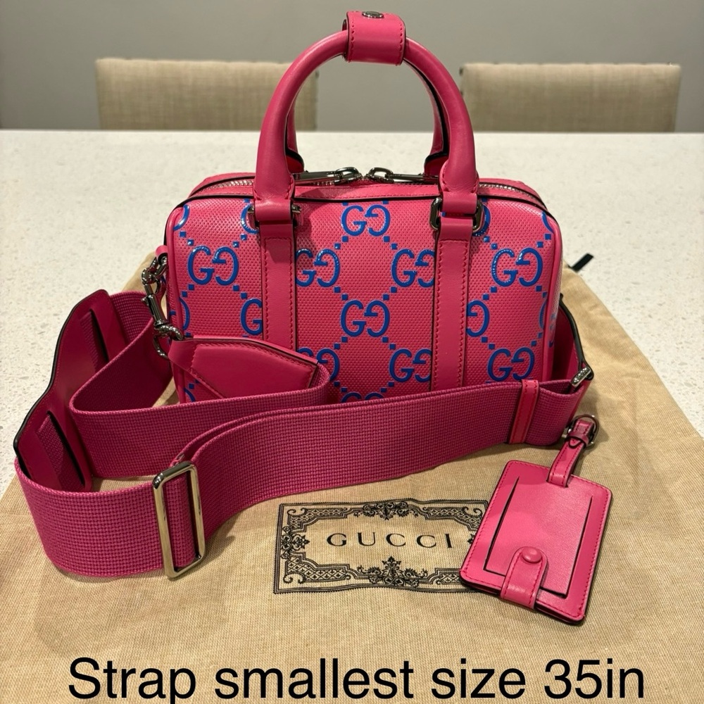 Gucci Pink Mini GG Top-Handle Crossbody with Blue Logo Print
